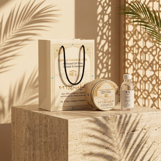 Premium Umrah Tabarruk Box with Zamzam Bottle & Tin