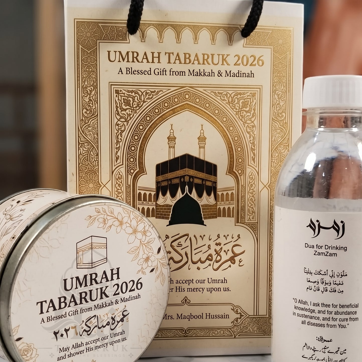 Premium Umrah Tabarruk Box Set with Zamzam Bottle & Tin - 1001
