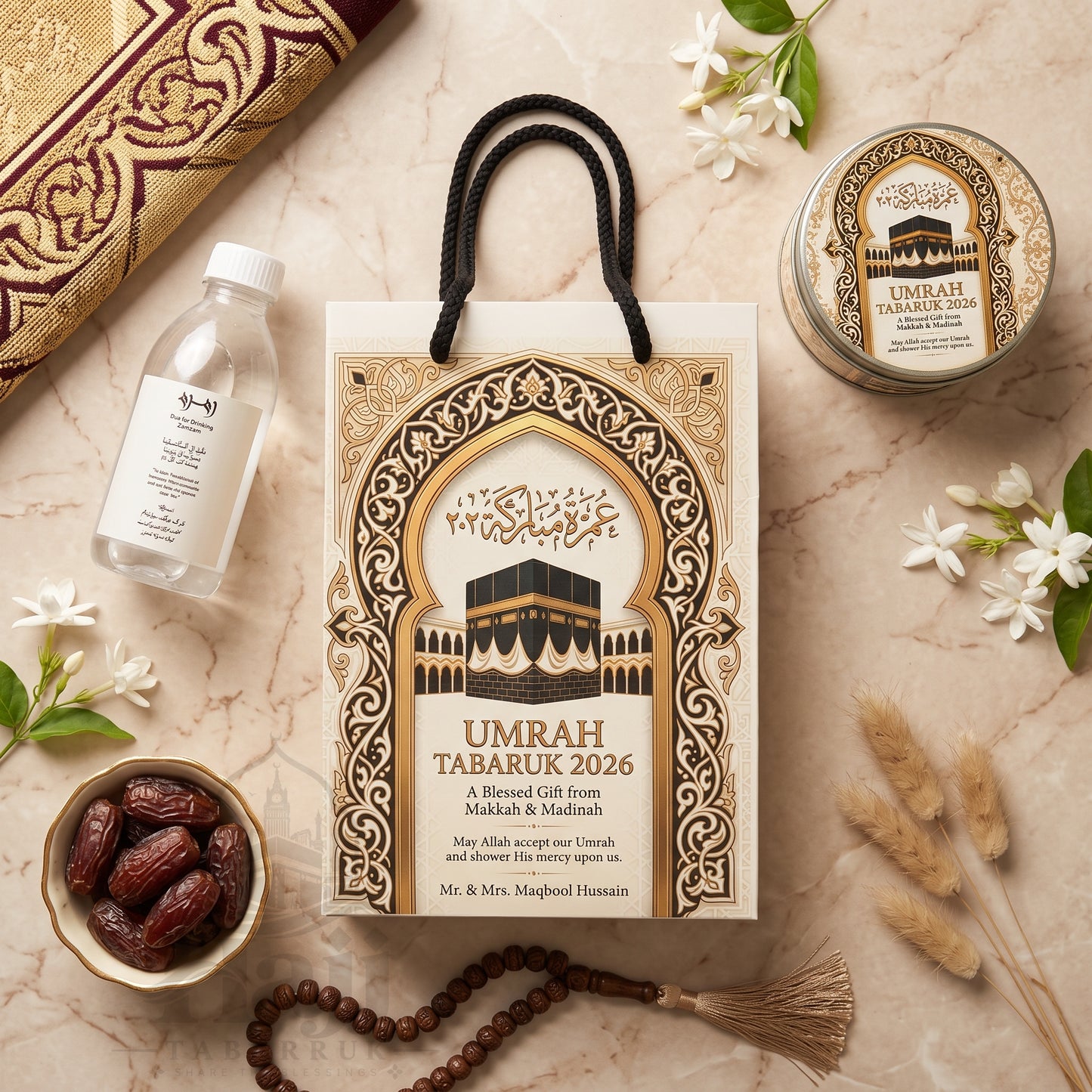 Premium Umrah Tabarruk Box Set with Zamzam Bottle & Tin - 1021