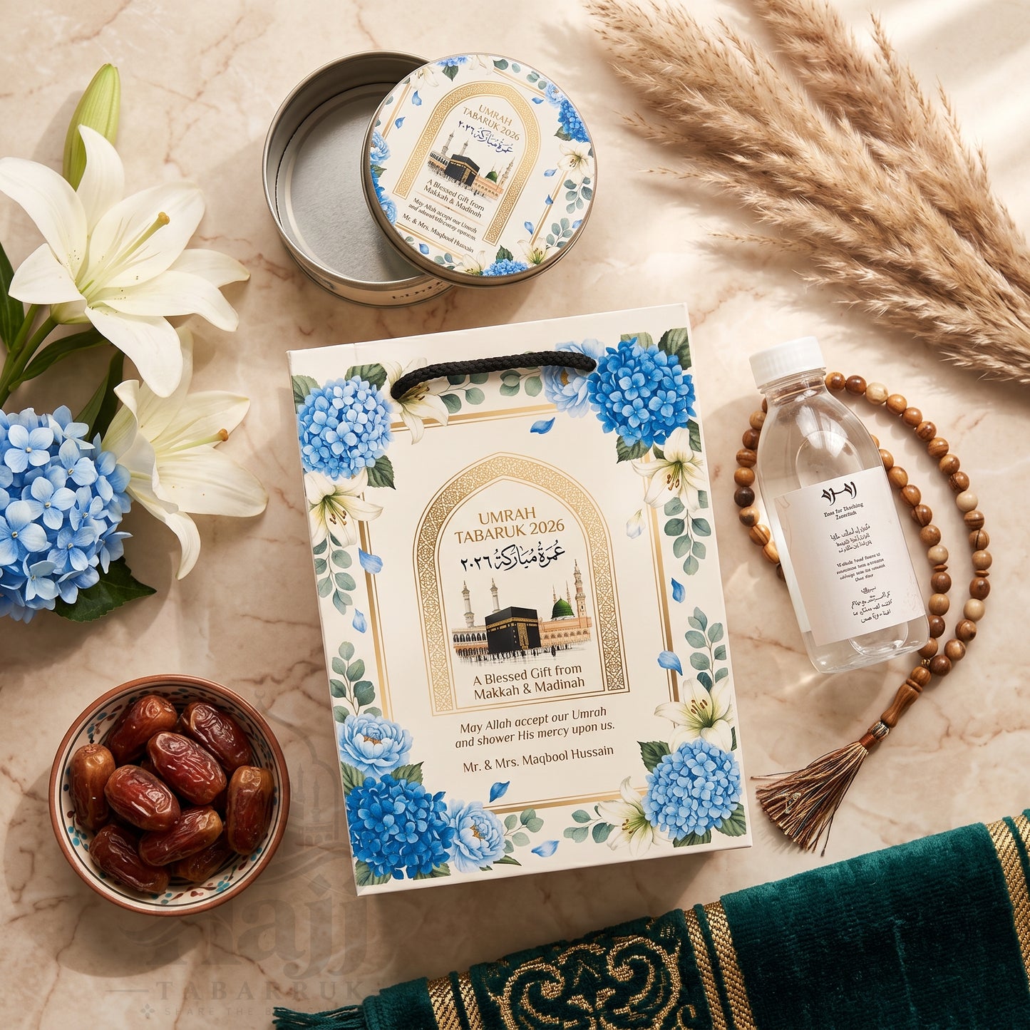 Premium Umrah Tabarruk Box Set with Zamzam Bottle & Tin - 1022