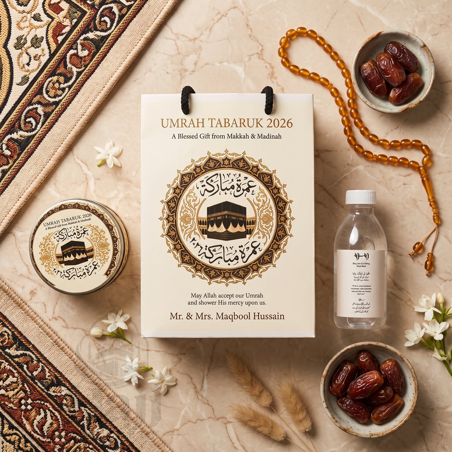 Premium Umrah Tabarruk Box Set with Zamzam Bottle & Tin - 1009