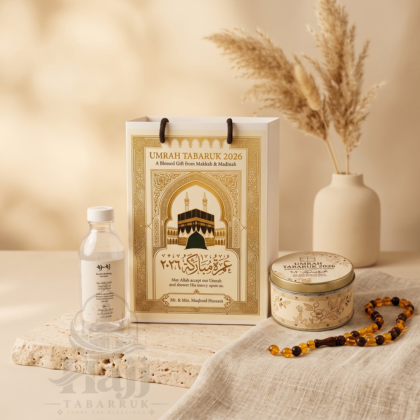 Premium Umrah Tabarruk Box Set with Zamzam Bottle & Tin - 1001