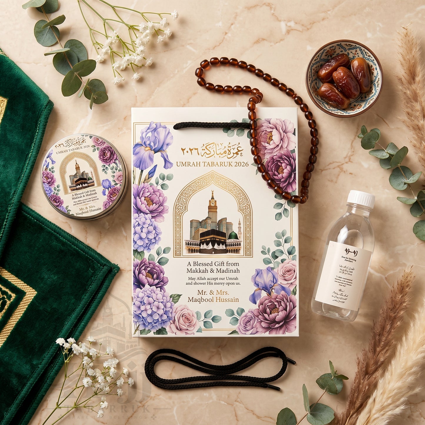 Premium Umrah Tabarruk Box Set with Zamzam Bottle & Tin - 1002