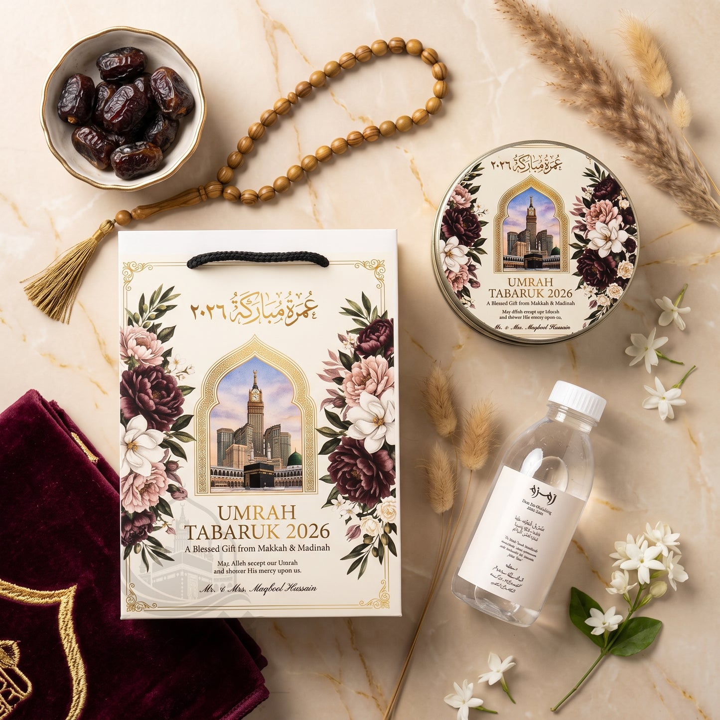 Premium Umrah Tabarruk Box Set with Zamzam Bottle & Tin - 1018