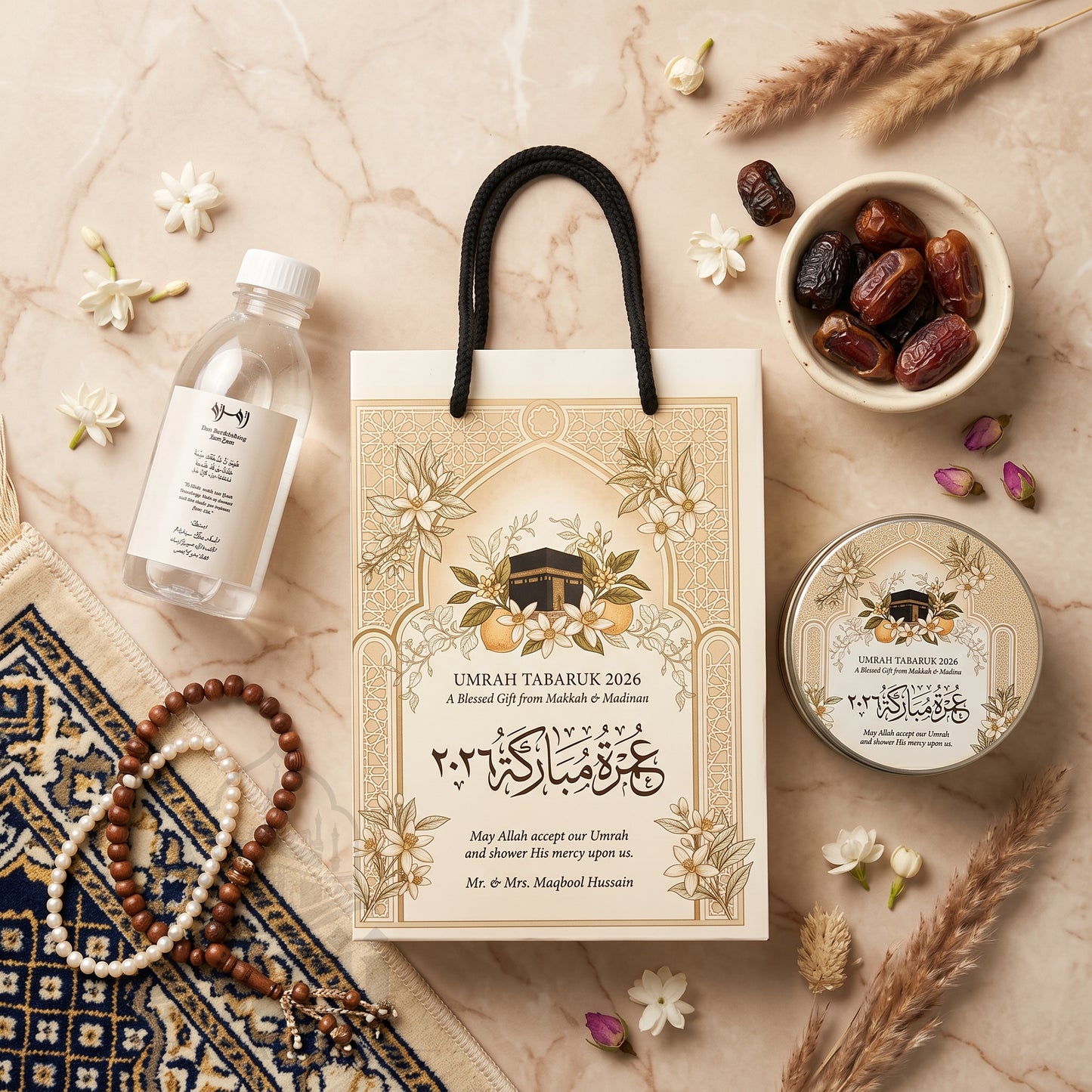 Premium Umrah Tabarruk Box Set with Zamzam Bottle & Tin - 1023