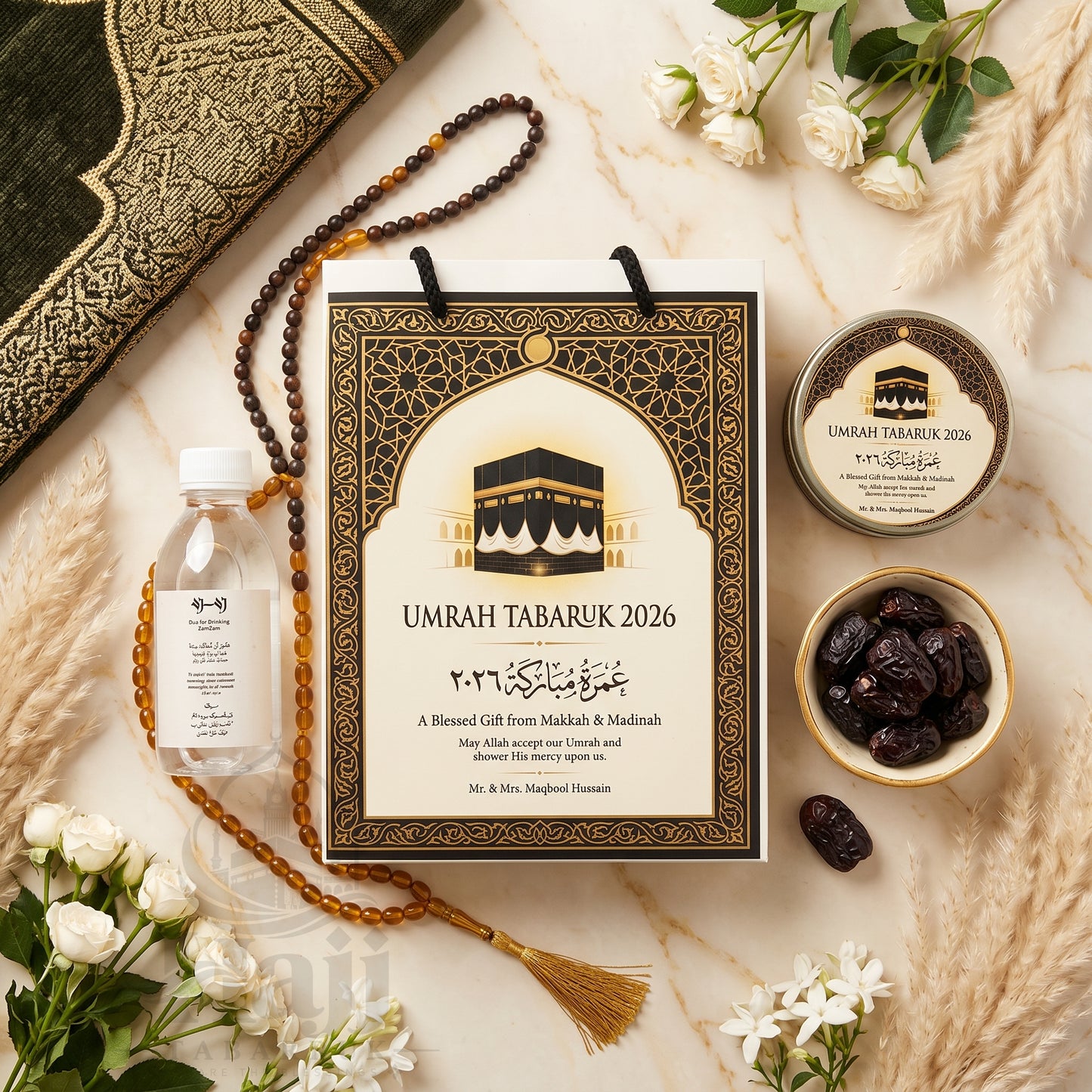 Premium Umrah Tabarruk Box Set with Zamzam Bottle & Tin - 1014