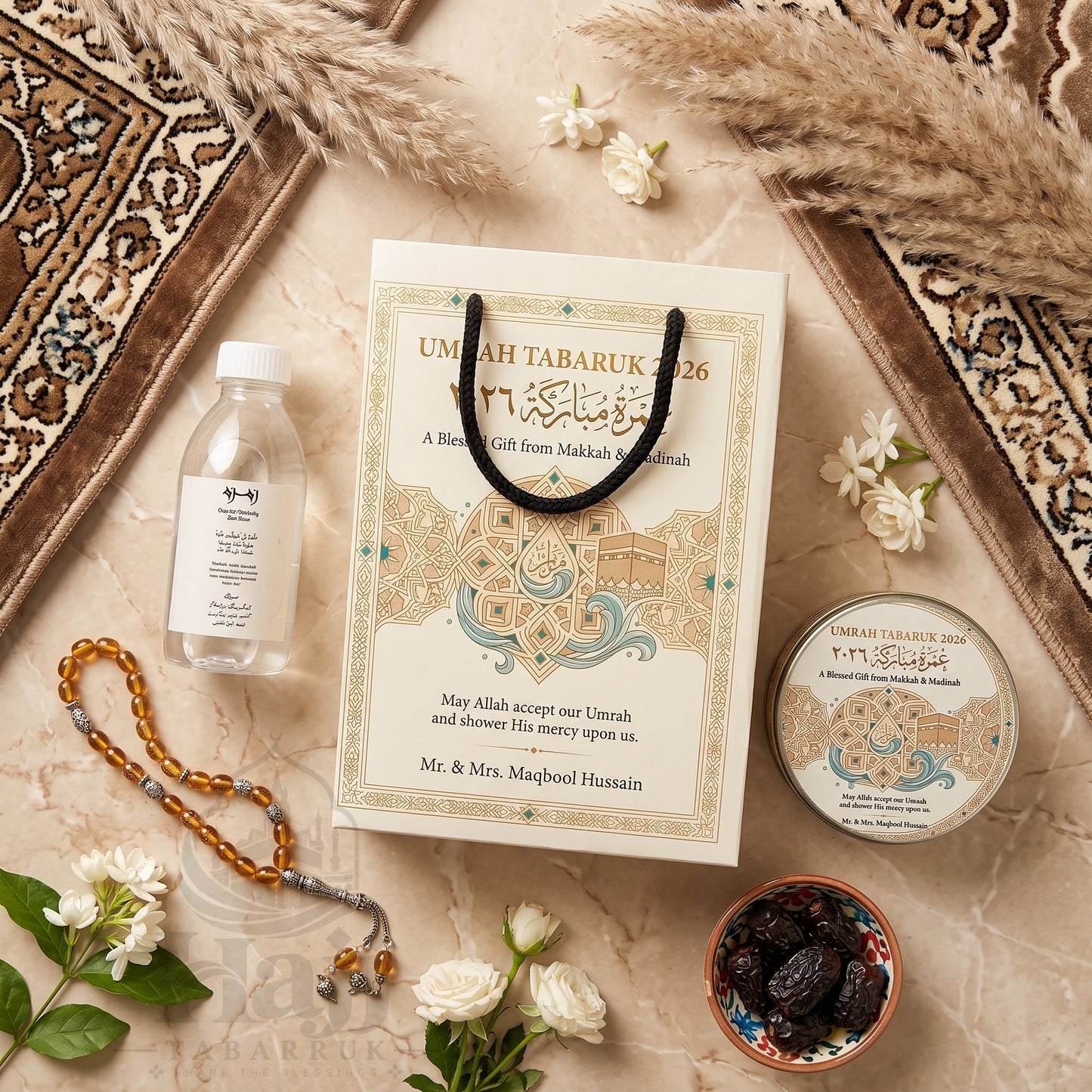 Premium Umrah Tabarruk Box Set with Zamzam Bottle & Tin - 1016