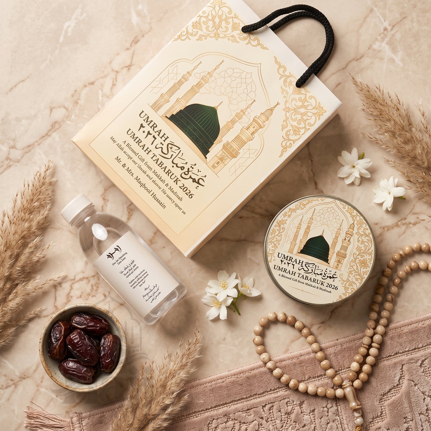 Premium Umrah Tabarruk Box Set with Zamzam Bottle & Tin - 1017