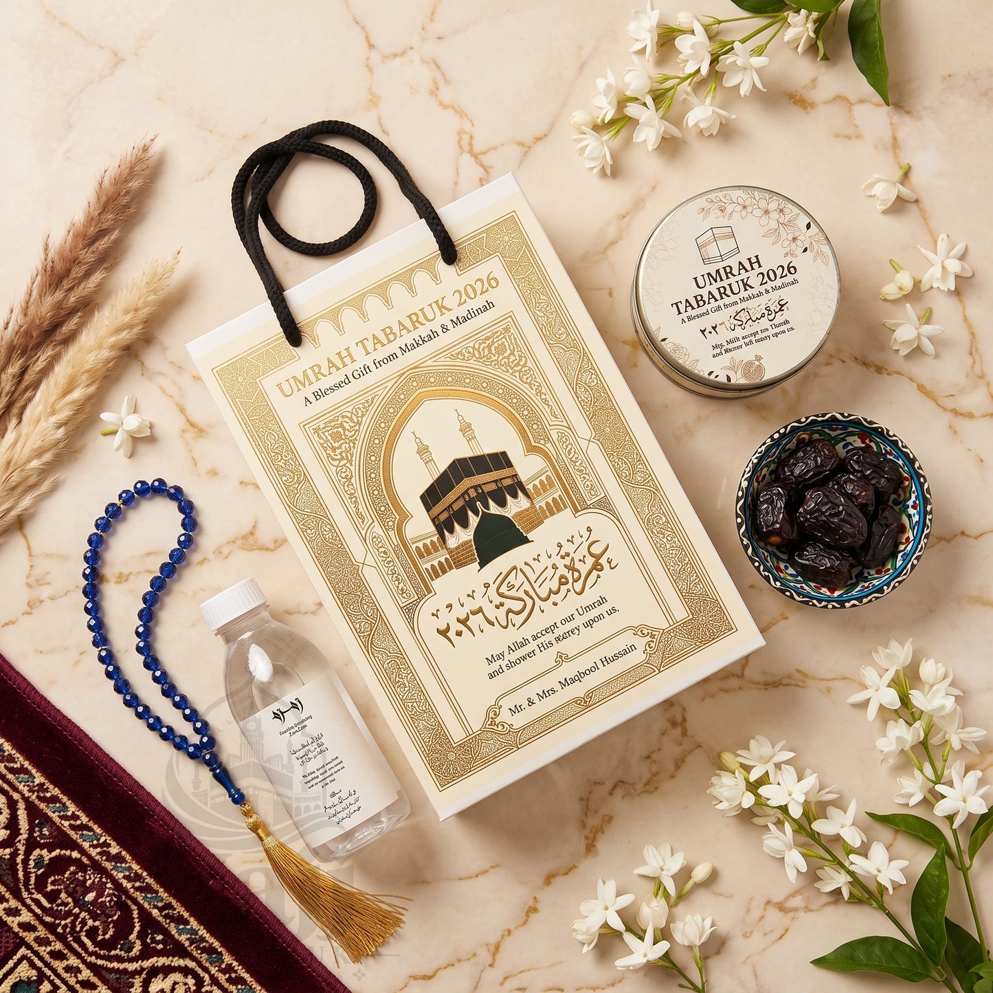 Premium Umrah Tabarruk Box Set with Zamzam Bottle & Tin - 1001
