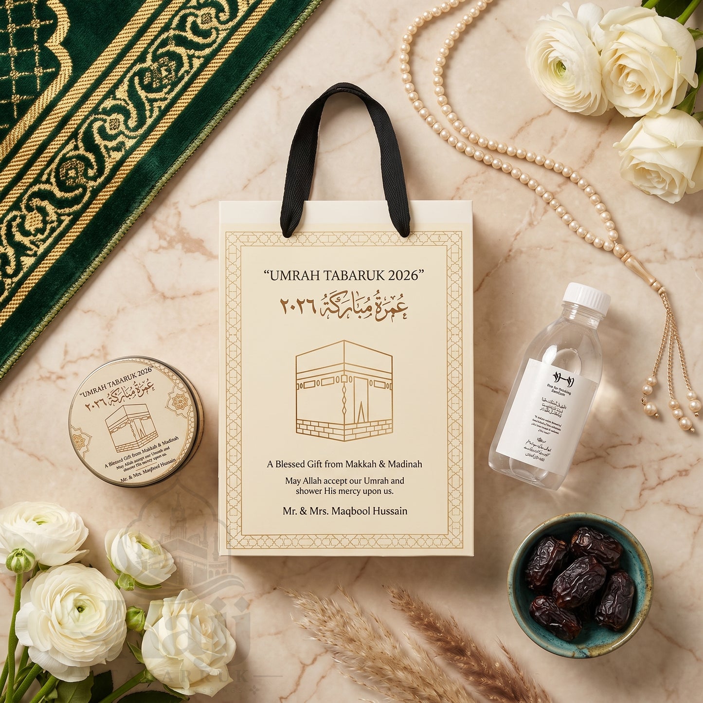 Premium Umrah Tabarruk Box Set with Zamzam Bottle & Tin - 1004