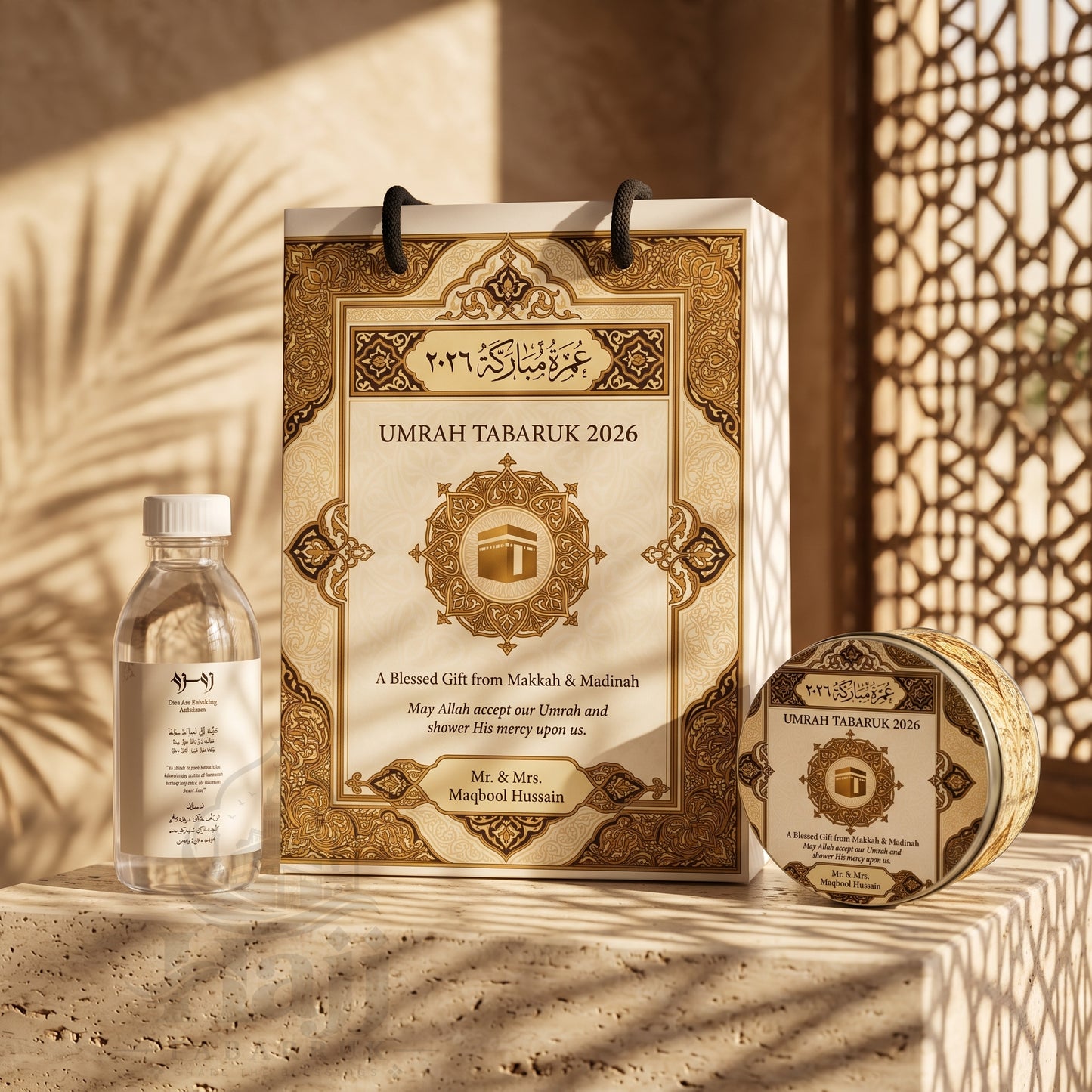 Premium Umrah Tabarruk Box Set with Zamzam Bottle & Tin - 1015