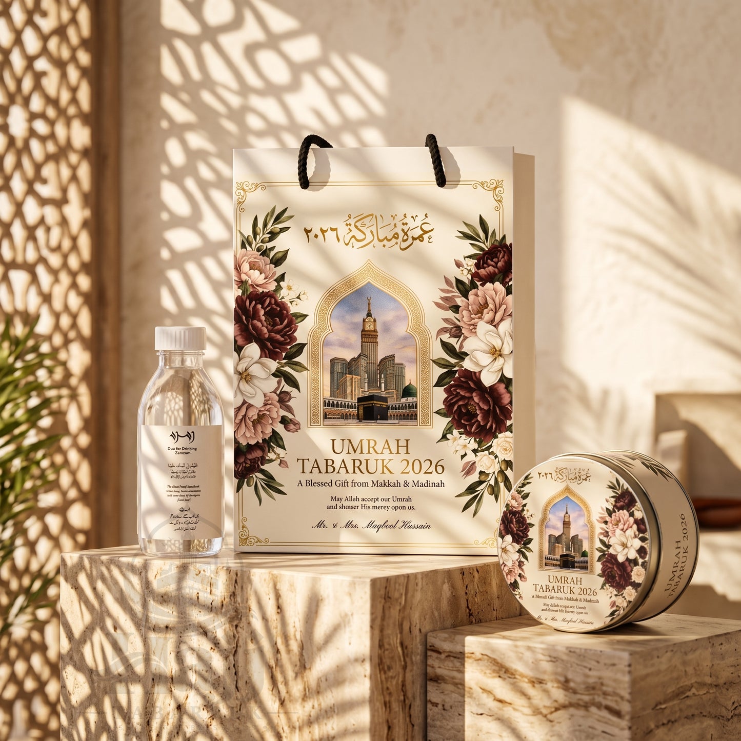 Premium Umrah Tabarruk Box Set with Zamzam Bottle & Tin - 1018
