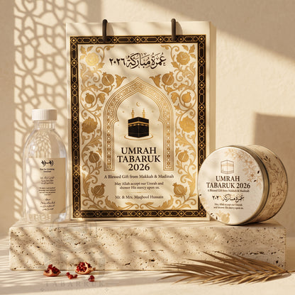 Premium Umrah Tabarruk Box Set with Zamzam Bottle & Tin - 1012