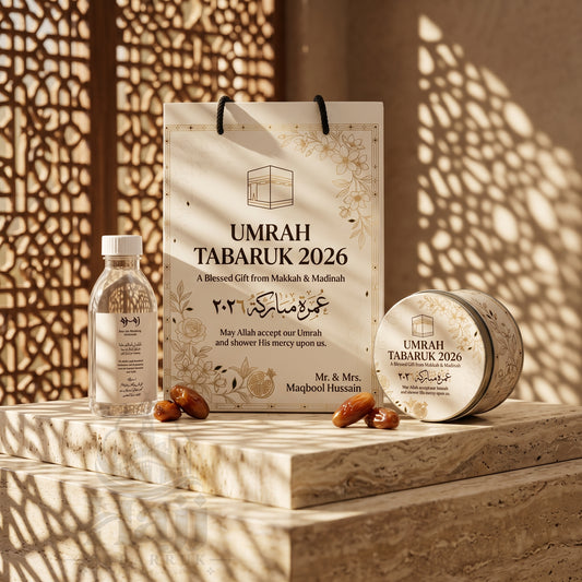 Premium Umrah Tabarruk Box  with Zamzam Bottle & Tin