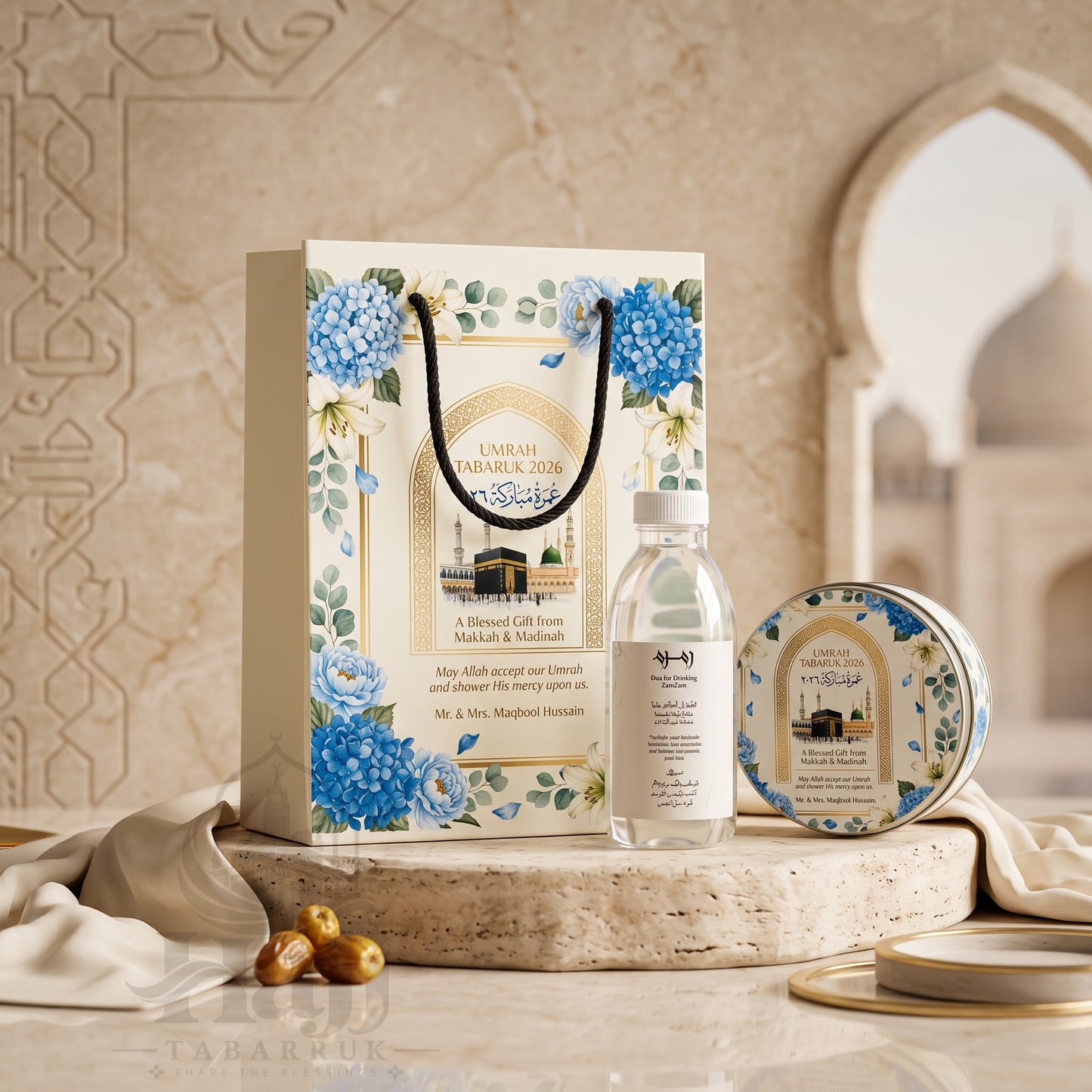 Premium Umrah Tabarruk Box Set with Zamzam Bottle & Tin - 1022
