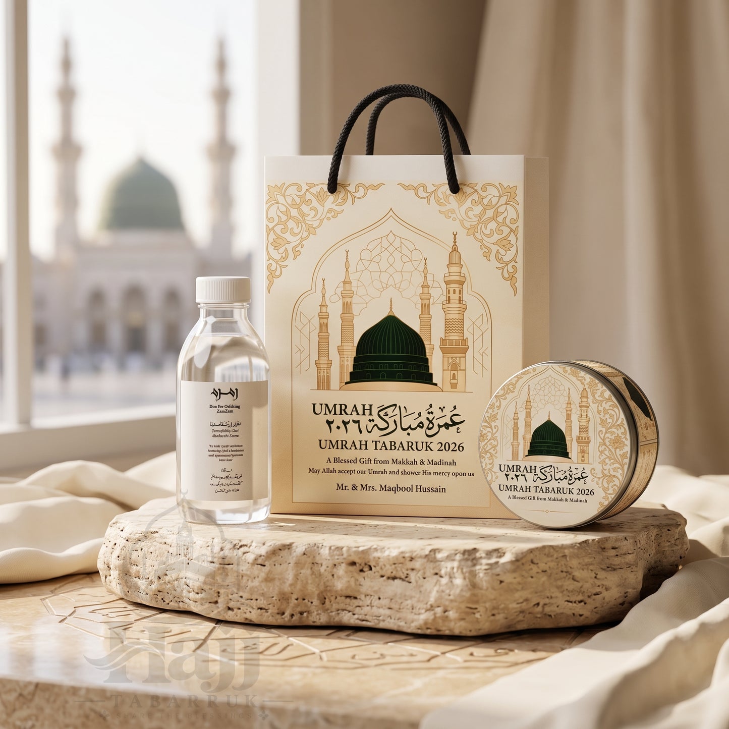 Premium Umrah Tabarruk Box Set with Zamzam Bottle & Tin - 1017