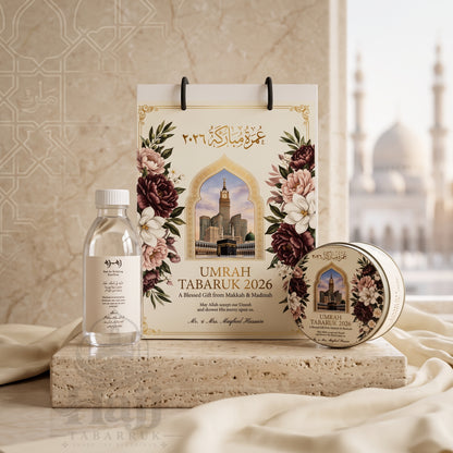 Premium Umrah Tabarruk Box Set with Zamzam Bottle & Tin - 1018