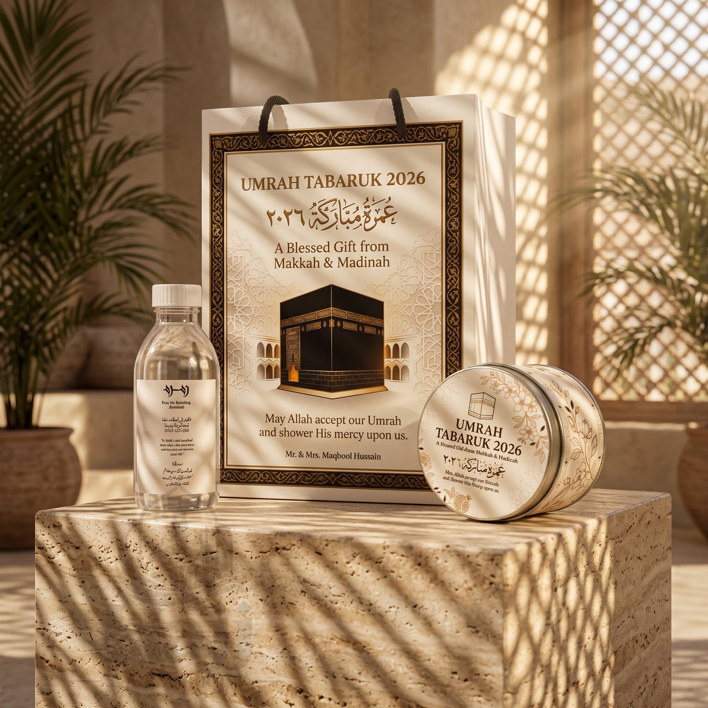 Premium Umrah Tabarruk Box Set with Zamzam Bottle & Tin - 1011